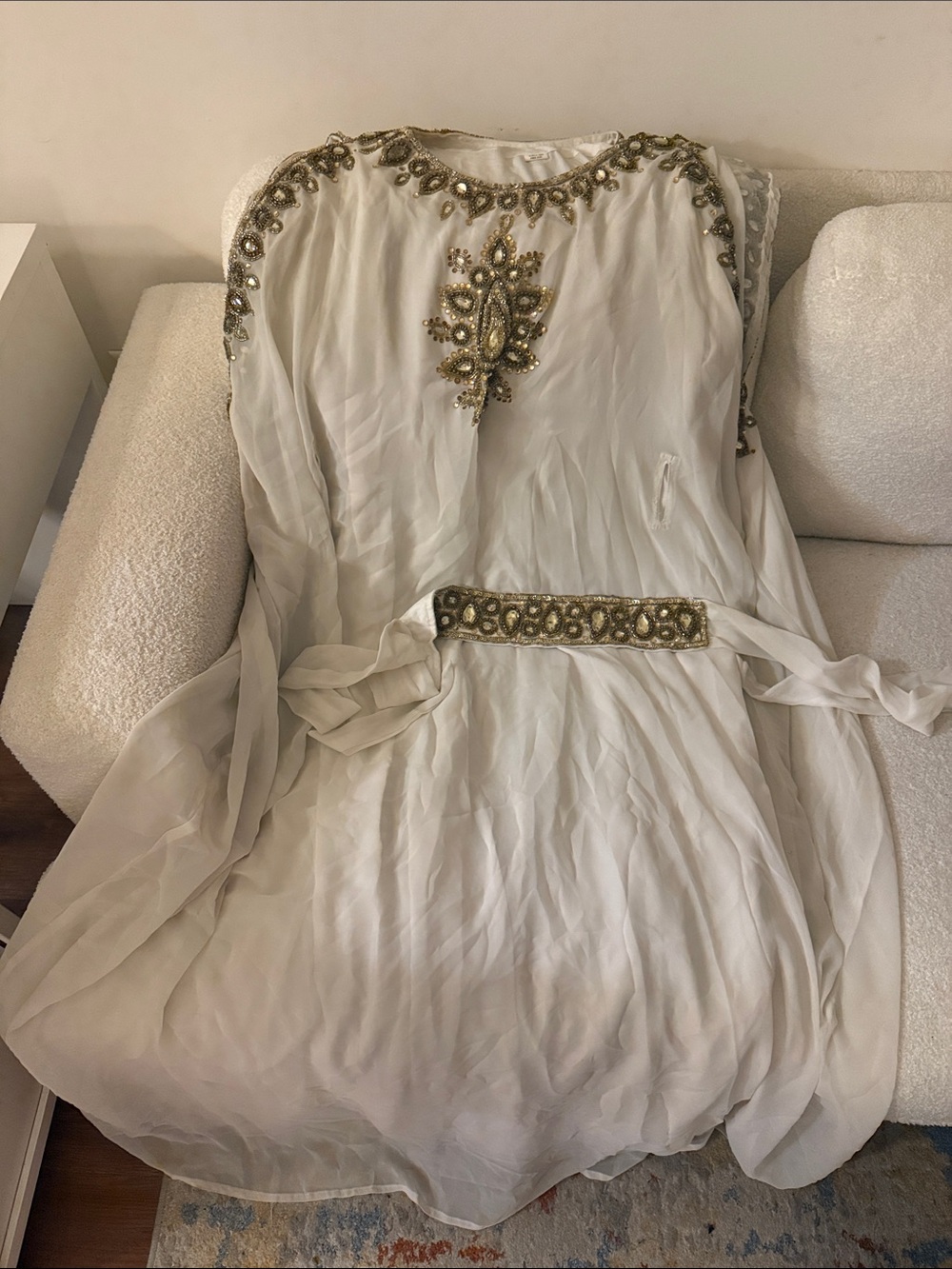 White Embellished Chiffon Dress with Gold Beading
